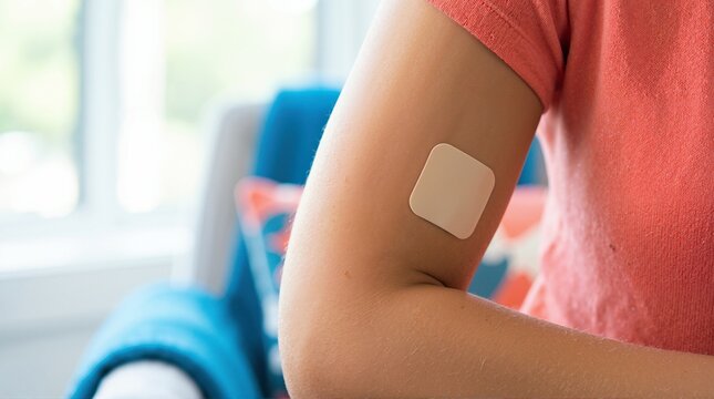 Close-up of contraceptive patch applied on woman arm. Hormonal birth control patch and women's health concept