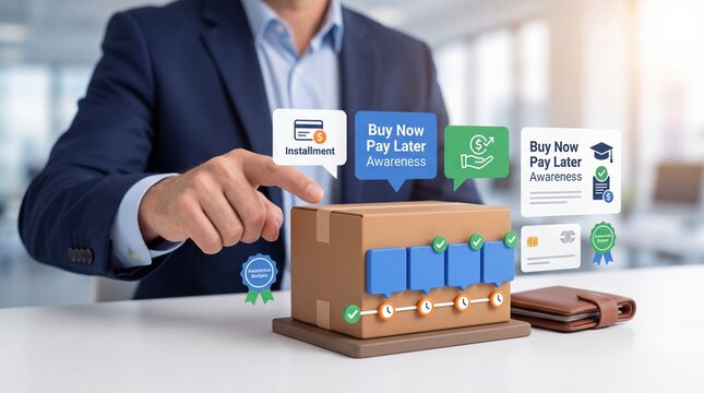 Businessman pointing at a cardboard box with buy now pay later icons on a desk with businessman suit