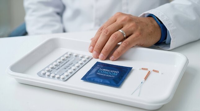 Doctor displaying tray with birth control pills, condom, and IUD. Medical consultation for contraceptive options concept