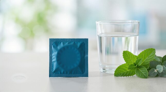Blue foil condom package with glass of water and green mint leaves. Fresh safe sex and contraception concept