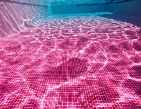 vibrant pink swimming pool water with caustic light patterns and tiled bottom for aesthetic concepts and summer background designs
