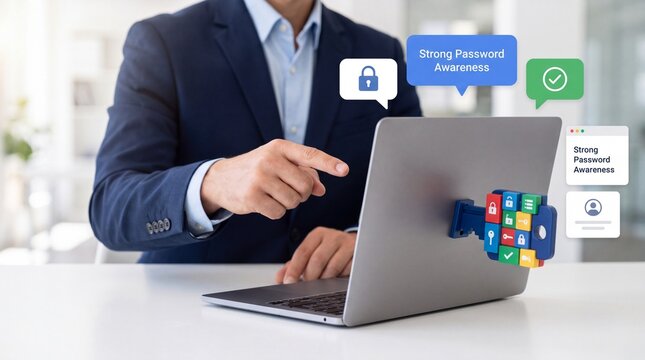 A businessman points at a laptop with digital security icons and a key graphic overlay