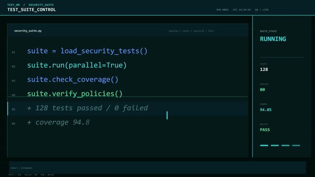 Automated suite running security tests with real-time progress display. Terminal shows execution completing with passed and coverage. Software quality assurance and testing.