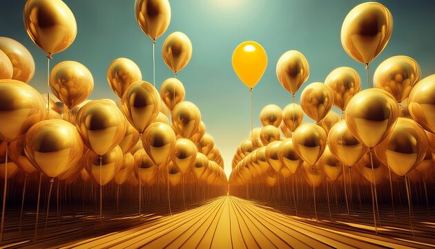 a single yellow balloon stands out from a crowd of golden balloons symbolizing individuality and standing out from the crowd