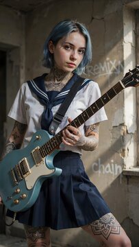 Joven alternativa con cabello azul, tatuajes y uniforme escolar sosteniendo una guitarra el&eacute;ctrica en un edificio abandonado