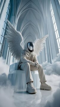 Figura futurista con casco reflectante y alas de &aacute;ngel sentada en un trono entre nubes dentro de una catedral g&oacute;tica blanca