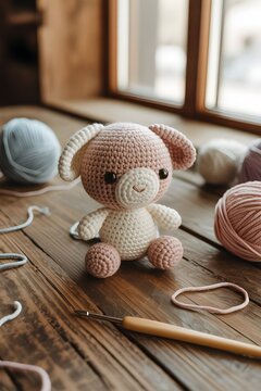 Adorable osito o animal de peluche tejido a ganchillo estilo amigurumi rodeado de ovillos de lana y aguja sobre una mesa de madera