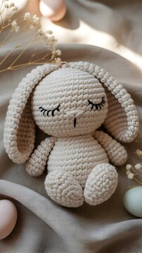 Adorable conejito de peluche tejido a ganchillo estilo amigurumi con ojos cerrados sobre tela suave y flores decorativas