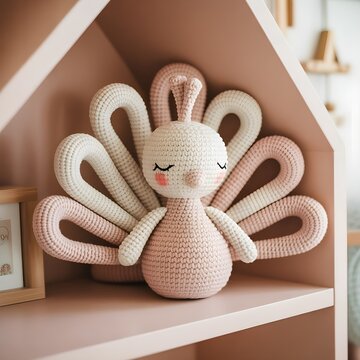 Adorable peluche de pavo real tejido a ganchillo estilo amigurumi en tonos rosados colocado en una estanter&iacute;a infantil de madera