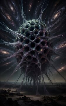 Estructura esf&eacute;rica org&aacute;nica y alien&iacute;gena con filamentos conectados a un paisaje extraterrestre bajo un cielo c&oacute;smico lleno de galaxias