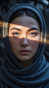 Primer plano frontal de una mujer joven con pa&ntilde;uelo gris en la cabeza y un rayo de sol cruzando sus ojos azules