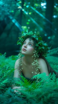 Retrato fant&aacute;stico de una mujer como ninfa o deidad del bosque rodeada de vegetaci&oacute;n verde y rayos de luz