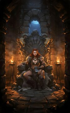 Guerrera vikinga sentada en un trono de piedra con calaveras y antorchas en una mazmorra oscura o castillo medieval