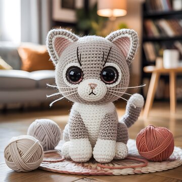 Mu&ntilde;eco de gato tejido a crochet en amigurumi de color gris y blanco rodeado de ovillos de lana sobre el suelo de una sala