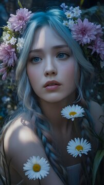Retrato fant&aacute;stico de una mujer joven con cabello azul claro y una corona de flores silvestres en un entorno natural