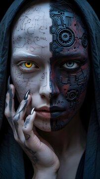 Retrato de primer plano de una mujer con el rostro dividido entre la naturaleza m&iacute;stica y la tecnolog&iacute;a cibern&eacute;tica con capucha oscura
