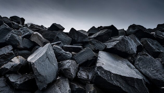 dark rugged angular rocks form a sprawling pile in the lower frame their textured surfaces sharply contrasting