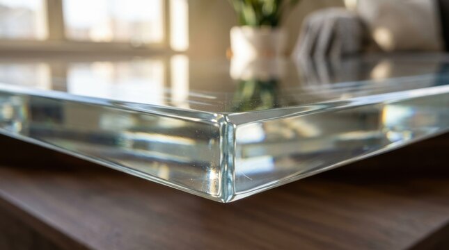 Close up of a thick glass tabletop corner with a polished edge in a bright modern living room interior