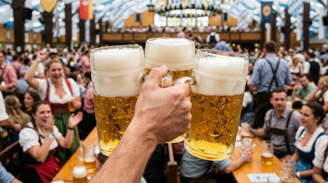 Toasting beer mugs at Oktoberfest festival in crowded hall. Friends clinking large glass steins filled with golden lager beer