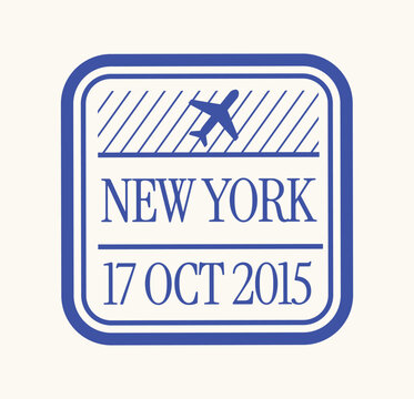 Blue New York travel stamp with airplane symbol and date, vintage passport and tourism design for United States destination, vector illustration