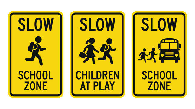 Bright yellow school zone safety signs featuring running children icons and bold black text symbols