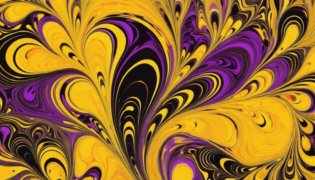 abstract ebru marbled paper pattern with yellow purple and black fluid art drops for background design and creative texture