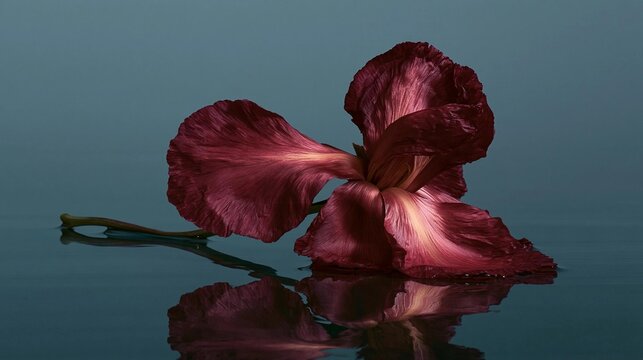 Close-up of a single red iris flower with its petals spread out in a star-like shape. the petals are a deep, rich red color with hints of pink and purple.