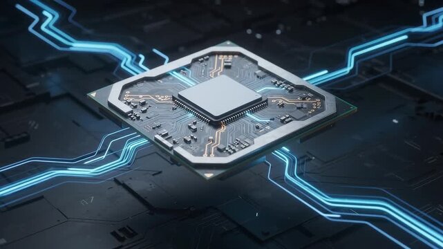 Futuristic CPU processor on motherboard, glowing blue circuit board data lines, high tech computer chip hardware for AI computing