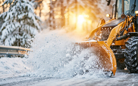 Yellow snow plow clearing snow on winter road at sunset