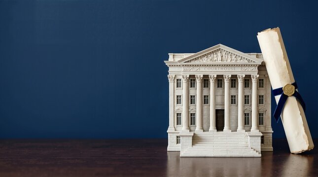 Courthouse model and rolled parchment scroll with gold seal. Legal foundation and constitution day background. Copy space on dark blue background