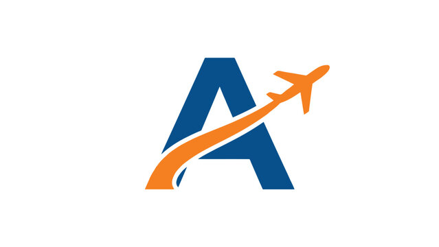Bold letter A vector logo design featuring an orange airplane flying across a blue character