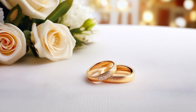 gold ring on white table on wedding backgound with copy space