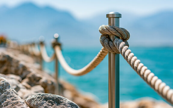 Steel wire rope fence along rocky seashore with mountain background