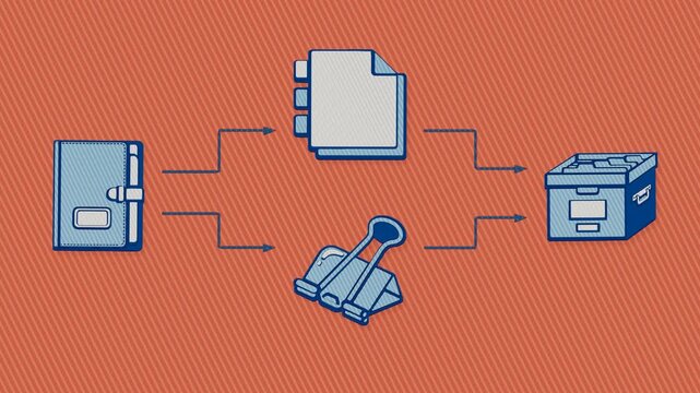 Case documentation follows two review paths before notes are consolidated, clipped into the file, and retained in archives. Flat 3D style with a printed line screen.