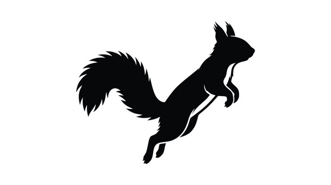 Black silhouette of a jumping squirrel rendered in a clean minimalist vector graphic art style