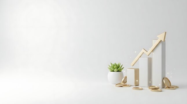 3D render of growing financial bar chart with gold arrow coins and succulent