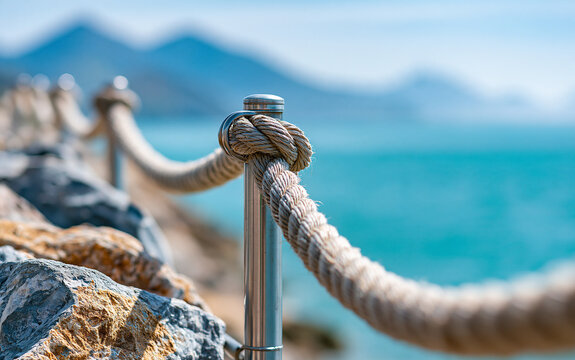 Steel wire rope fence along rocky seashore with mountain background