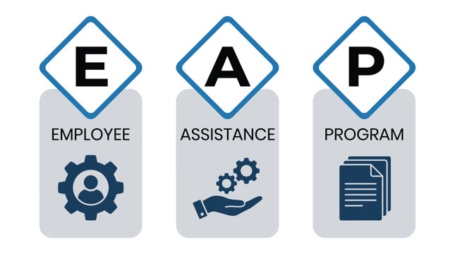Employee assistance program acronym displayed as blue diamond icons with flat minimalist grey vertical panels
