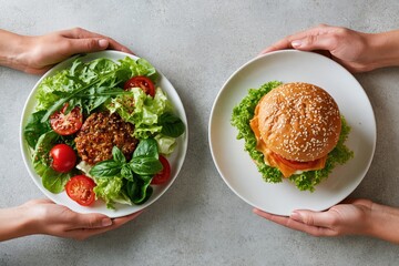 Obraz premium Hands choosing healthy salad versus fast food burger