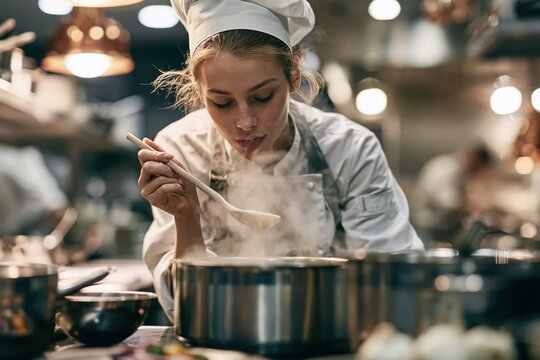Female chef tasting food from pot in kitchen