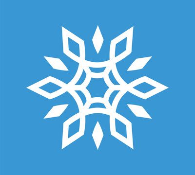 White geometric snowflake with angular decorative shapes on blue background, symmetrical winter and Christmas ornament, vector illustration