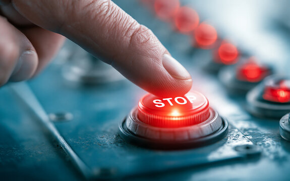 Hand pressing red stop button on control panel