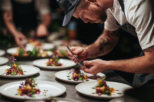 Chef plating gourmet food with precision in restaurant kitchen