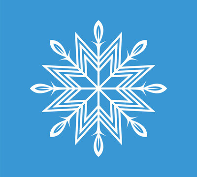 White geometric snowflake with decorative leaf elements on blue background, symmetrical winter holiday ornament, vector illustration