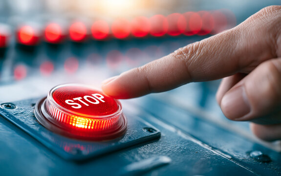Hand pressing red stop button on control panel
