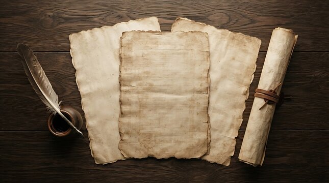 Blank aged papyrus sheets with quill ink pot and scroll on dark wooden table