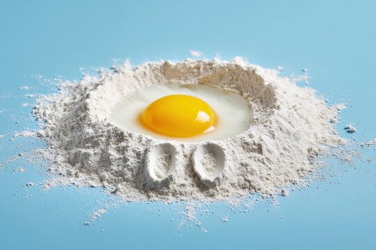 Raw egg yolk resting in flour well on blue background