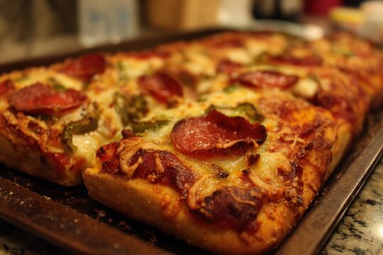 Pepperoni and green pepper pizza baking on pan