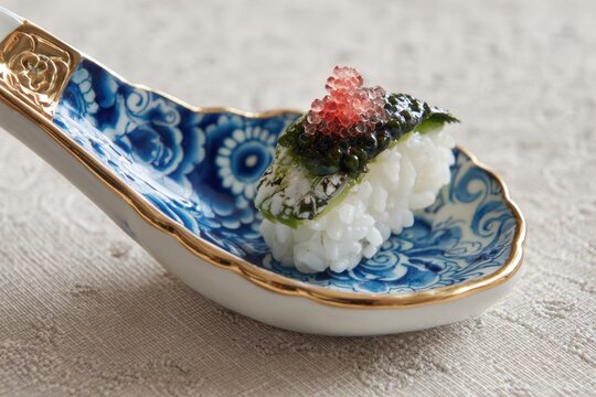 Gourmet sushi nigiri with caviar on decorated porcelain spoon