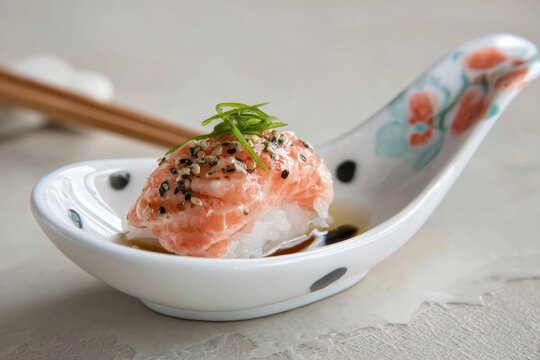 Salmon nigiri sushi on ceramic spoon with sesame and chives